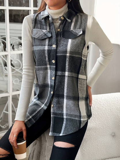Fashionable Women'S Lapel Vest Jacket in Plaid for Spring, Autumn, And Winter