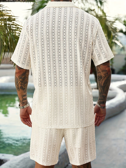 2pcs/Set Men's Solid Color Button- Hollow Shirt And Shorts Set, Vacation Solid Color Husband Casual Wear, Suitable for Vacation, Seaside Beach, Daily Leisure, Summer Wear Men Vacation Outfits Men 2pcs Outfits Summer, Cozy Outfits