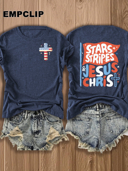 Double-sided Printing Women's T-shirts Women's Blend T-shirts-Stars, Stripes & Jesus Christ T-Shirt - Patriotic Faith Design for Women | Casual Summer Wear | Christian Apparel | Trendy Graphic Tee