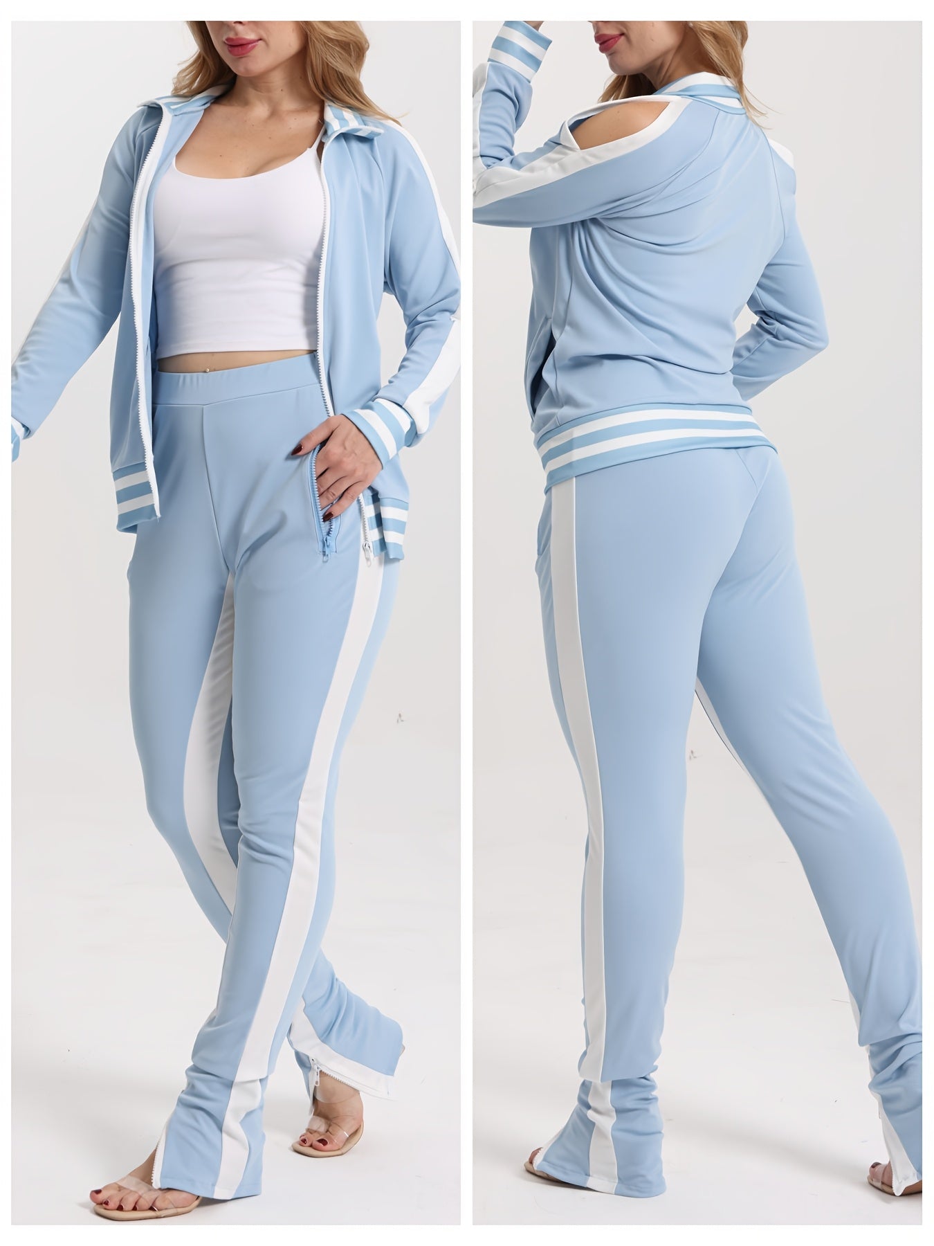 Women's 2pcs Athletic Tracksuit Set, Striped Contrast Shoulder Slit Top & Zipper Hem Sporty Pants, Activewear Lounge Set