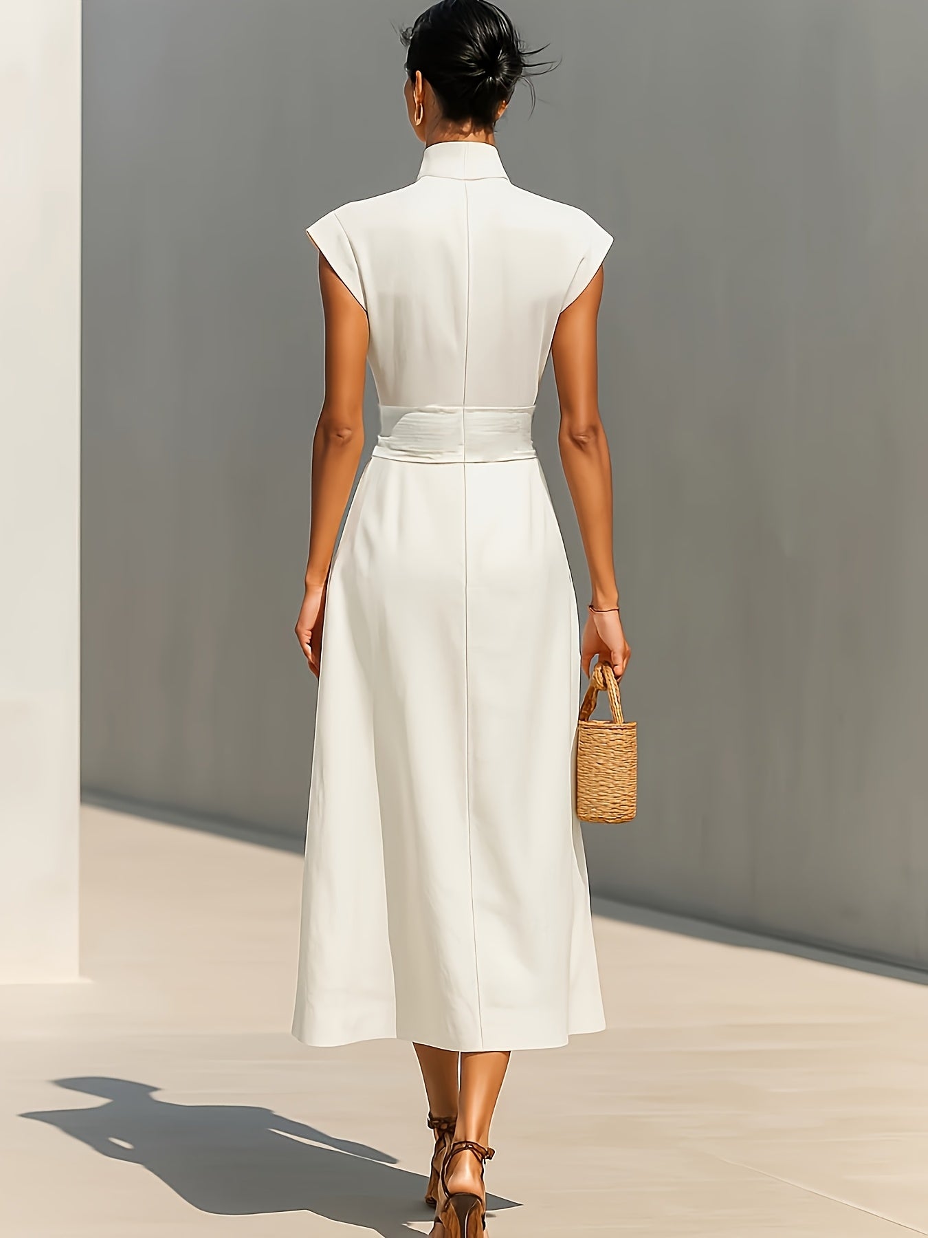 [High-Neck Long Dress] A White Blended Fabric High-Neck Long Dress With An Open Sleeve And A Pleated Waistband Pocket Design, Suitable For Both Professional And Casual Wear