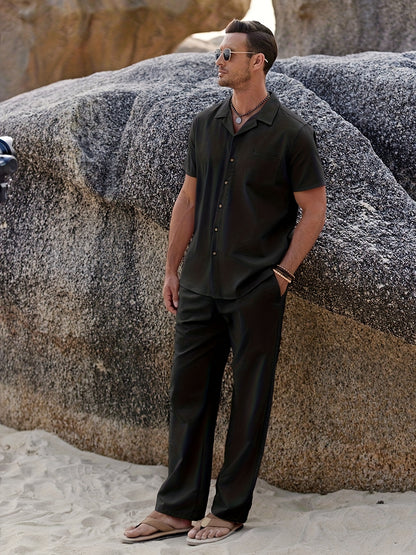 Men 2pcs Linen Outfit Beach Button- Shirt Casual Loose Pant Sets