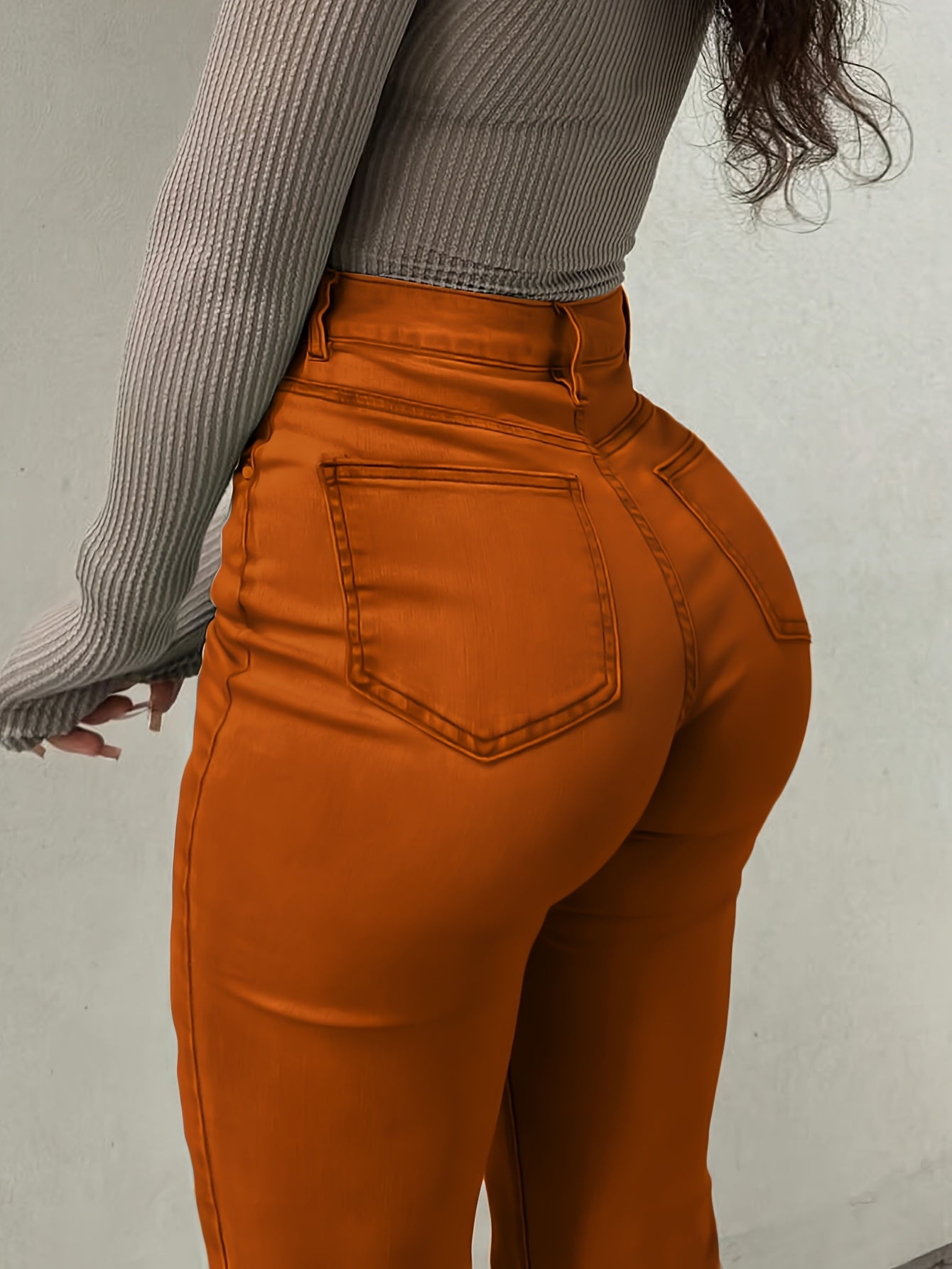 Women's Vibrant Orange Distressed Flare Jeans - Cotton Stretch Denim, Vintage High-Waisted Bootcut Pants with Knee-Hole Design, Comfortable and Stylish Casual Wear
