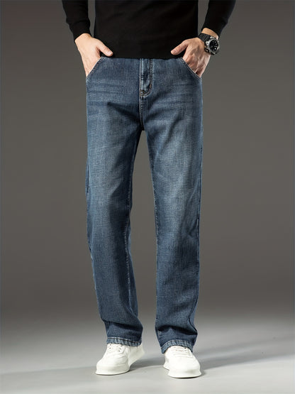 Men's Warm Fleece Stretch Jeans, Loose Casual Fleece Jeans, Straight Mid-waist Fashionable Versatile Jeans, Suitable For Daily, Business, Outdoor