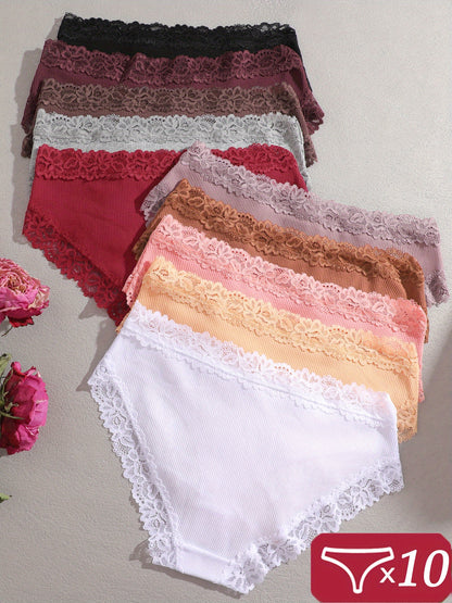 10pcs Women' Soft Breathable Underwear - Low-Rise Lace Briefs, Minimalist Solid Color Non-Sheer Low- Waist Panties, Comfortable Casual Attire Pack (10pcs)