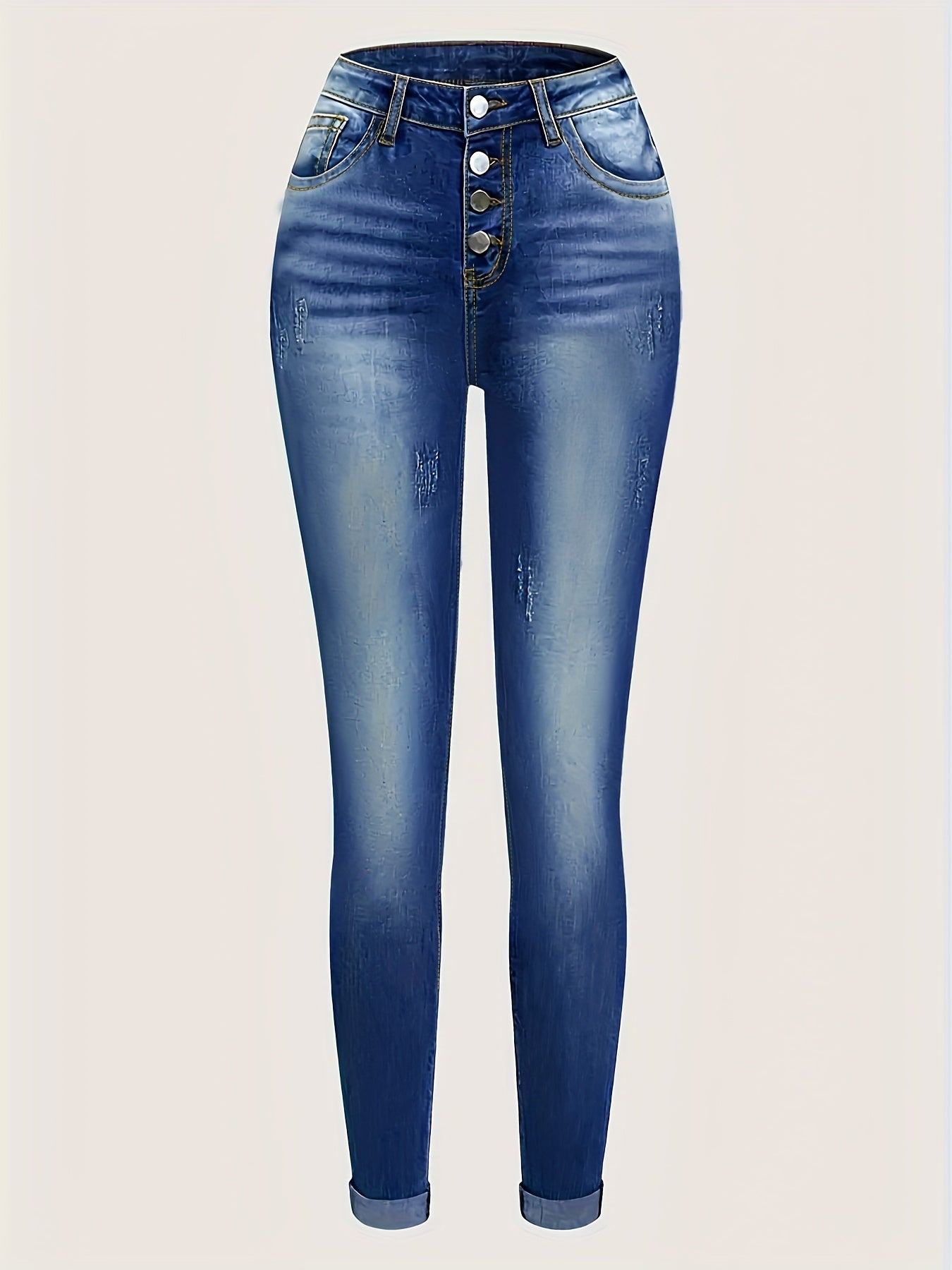 Plus Size Women's High Waist High Elastic Blue Distressed Denim Skinny Pants - Front Row Buttons, Rolled Hem, Retro Casual Oversized Comfort Trousers