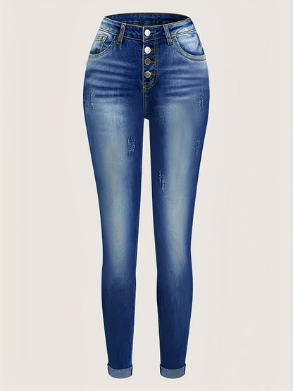 Plus Size Women's High Waist High Elastic Blue Distressed Denim Skinny Pants - Front Row Buttons, Rolled Hem, Retro Casual Oversized Comfort Trousers