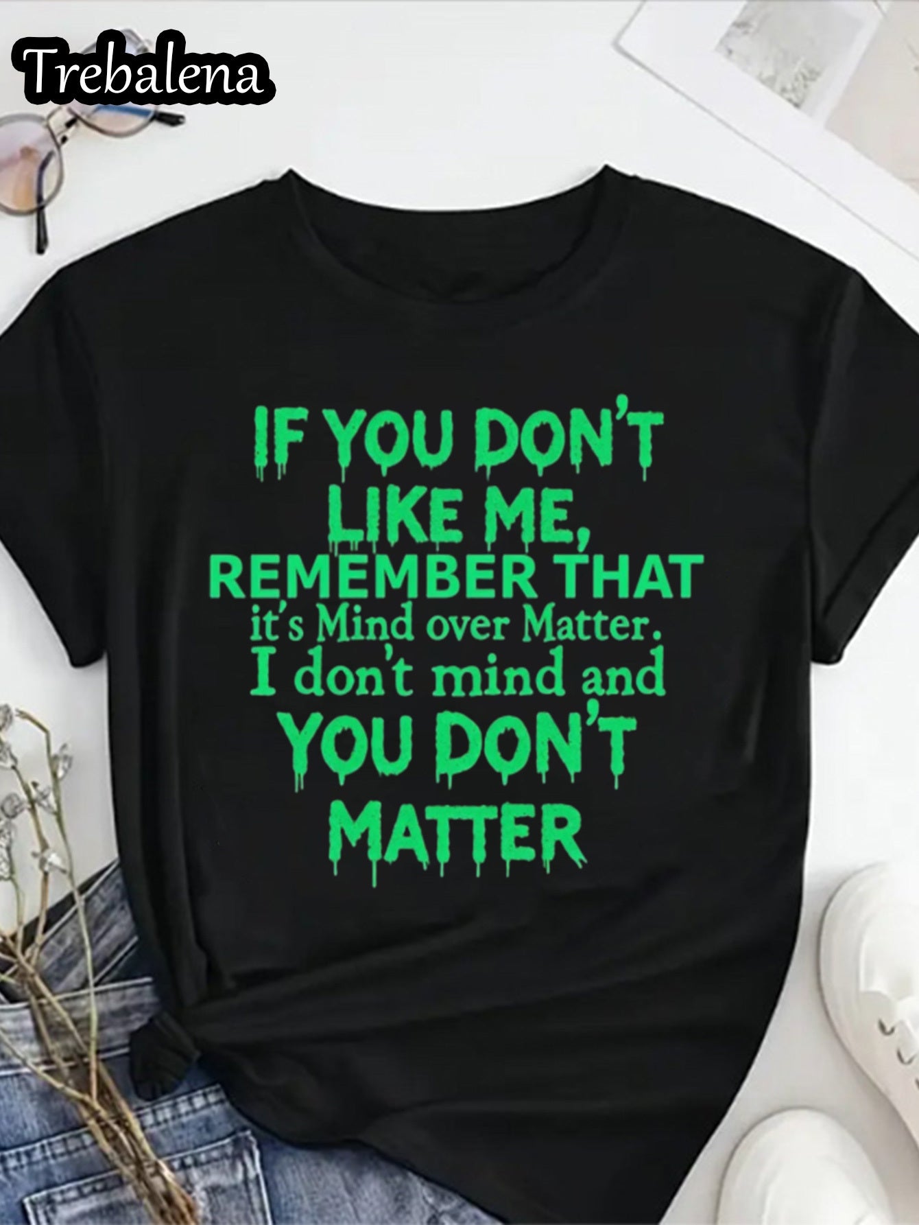 Casual Short-Sleeve T-Shirt for Women Featuring a Green Text Design on a Black Background, Perfect for Summer And Spring. Ideal for Occasions Like Mother'S Day, Anniversaries, Or June 10Th