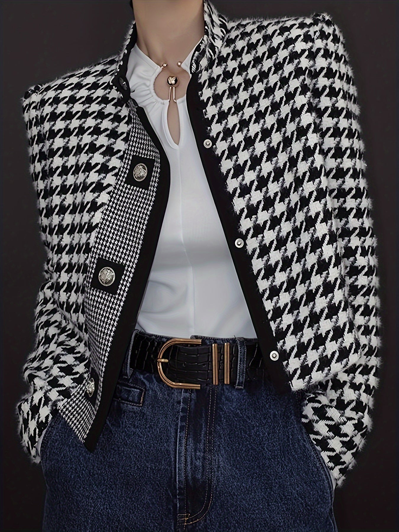 Women's Houndstooth Outerwears & Jacket Stand Collar Long Sleeves Autumn Winter Fall Clothes 2024 Women Classics Coat