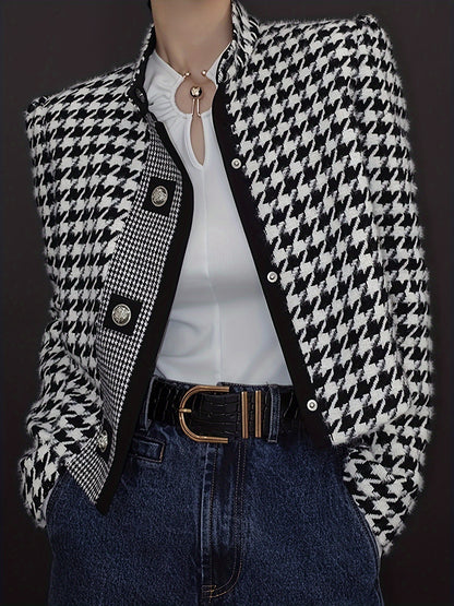Women's Houndstooth Outerwears & Jacket Stand Collar Long Sleeves Autumn Winter Fall Clothes 2024 Women Classics Coat