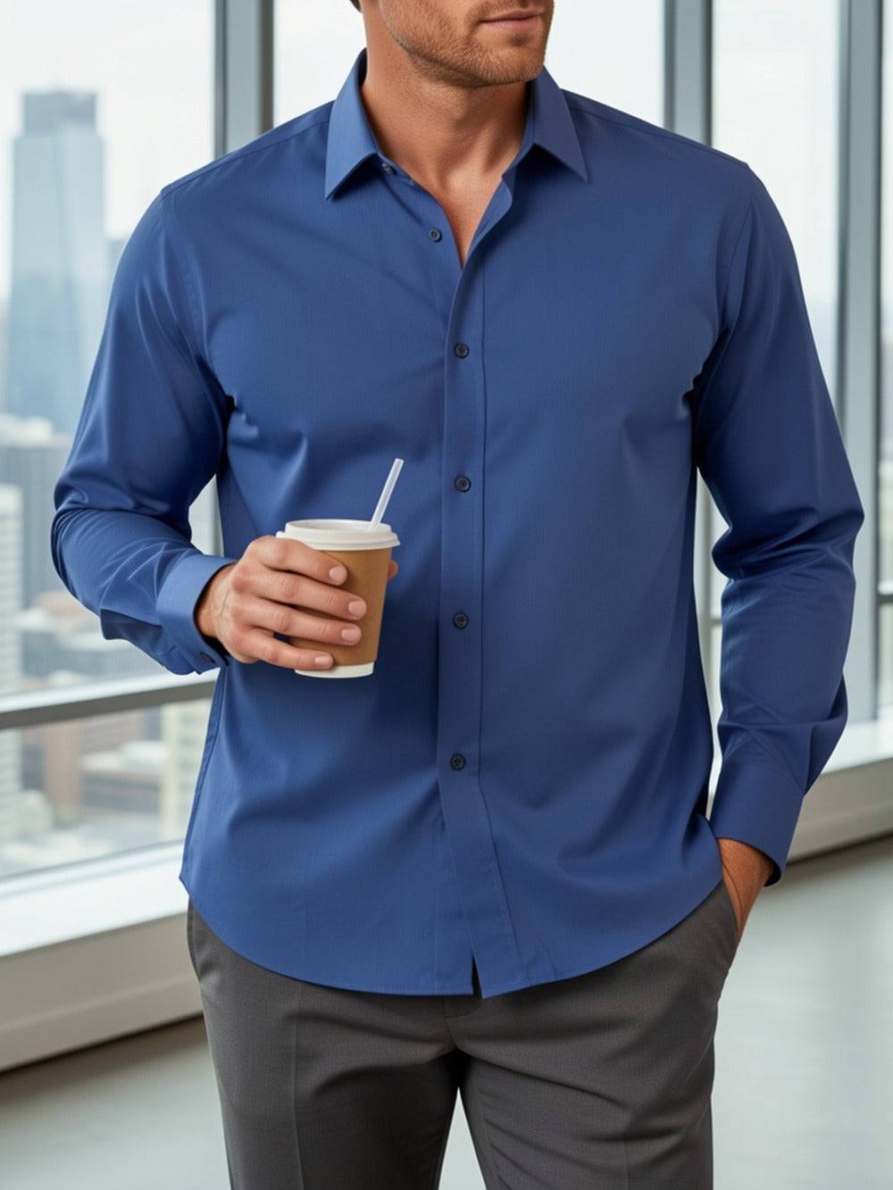 Men's Solid Color Dress Shirt - Collared Long Sleeve 146277
