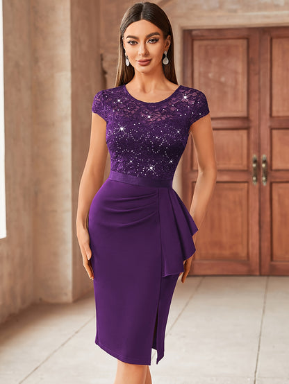 [Wedding Guest Graduation] 13169 Womens Elegant Sequin Lace Bridesmaid Midi Dress With Cap Sleeves Ruffle Hem Round Neck Side Slit For Summer Wedding Guest Graduation Formal Party Evening Event