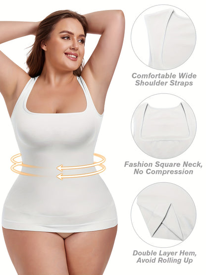 [2pcs Tummy Control Shapewear] 2pcs Durable & Comfortable Tummy Control Shapewear Compression Tank Tops For Women | Seamless Square Neck Body Shaper Camisole, Breathable, Suitable For Daily Casual Wear, Shopping, Parties, Dates & Festivals