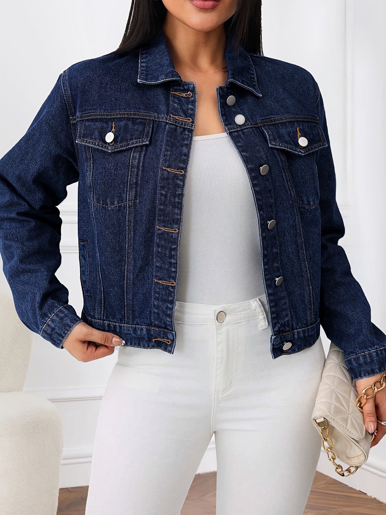 Women'S Casual Blue Denim Jacket with Lapel Collar & Multiple Pockets - Long Sleeve, Button-Up Front, Regular Fit Spring/Fall Outerwear, Spring Outerwear, Classic Buttonup Jacket, Nonstretch Fabric