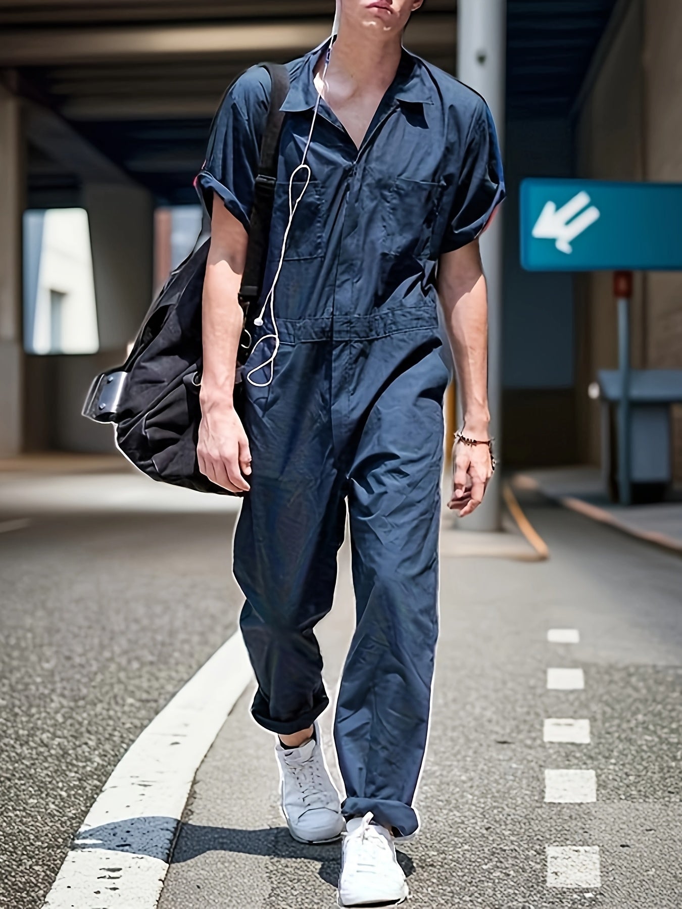Men's Plus Size Short Sleeve Coverall Jumpsuit, Four-Way Stretch Fabric, Rolled Short Sleeves, Stand-Up Collar Half-Open Placket, Multi-Pocket Design, Industrial/Utility Style Casual Workwear, Effortlessly Shaping a Men's Casual and Trendy Look
