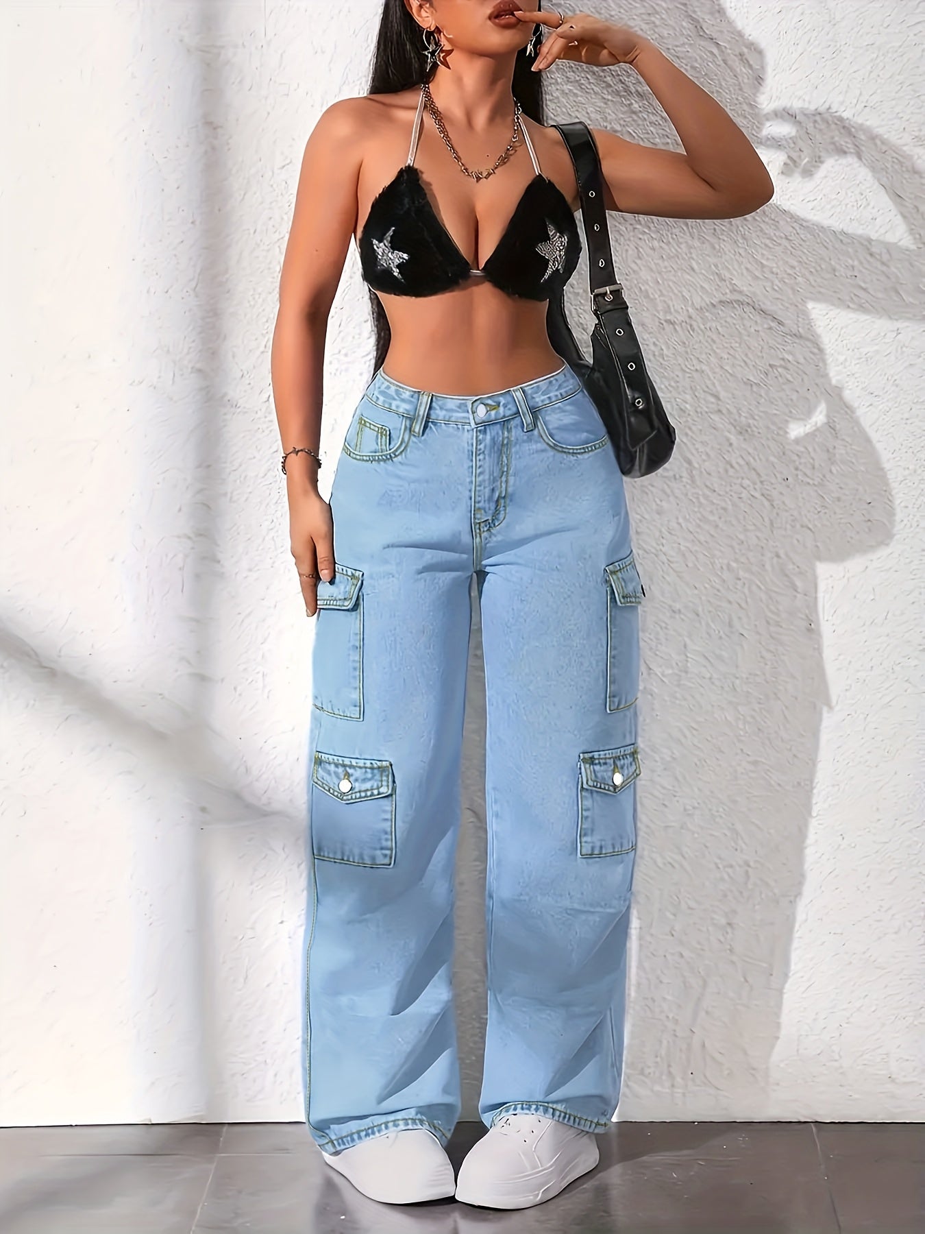 Women'S Plus Size High-Waisted Light Blue Cargo Jeans - 2025 New Stretch Wide-Leg Trousers with Multi-Pocket Design, Beltless Button Closure & All-Season | Elegant Straight-Leg Workwear Pants for Casual & Professional Outfits (Loose-Fit
