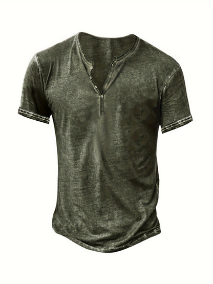 1Men'S Distressed Henley Shirt- Slim Fit Short Sleeve Button-Up T-Shirt with V-Neck& Placket Detailing, Machine Washable Casual Shirt in Olive Green, Black, Blue, Burgundy, Sporty Apparel| Athletic Style| Comfortable Tee