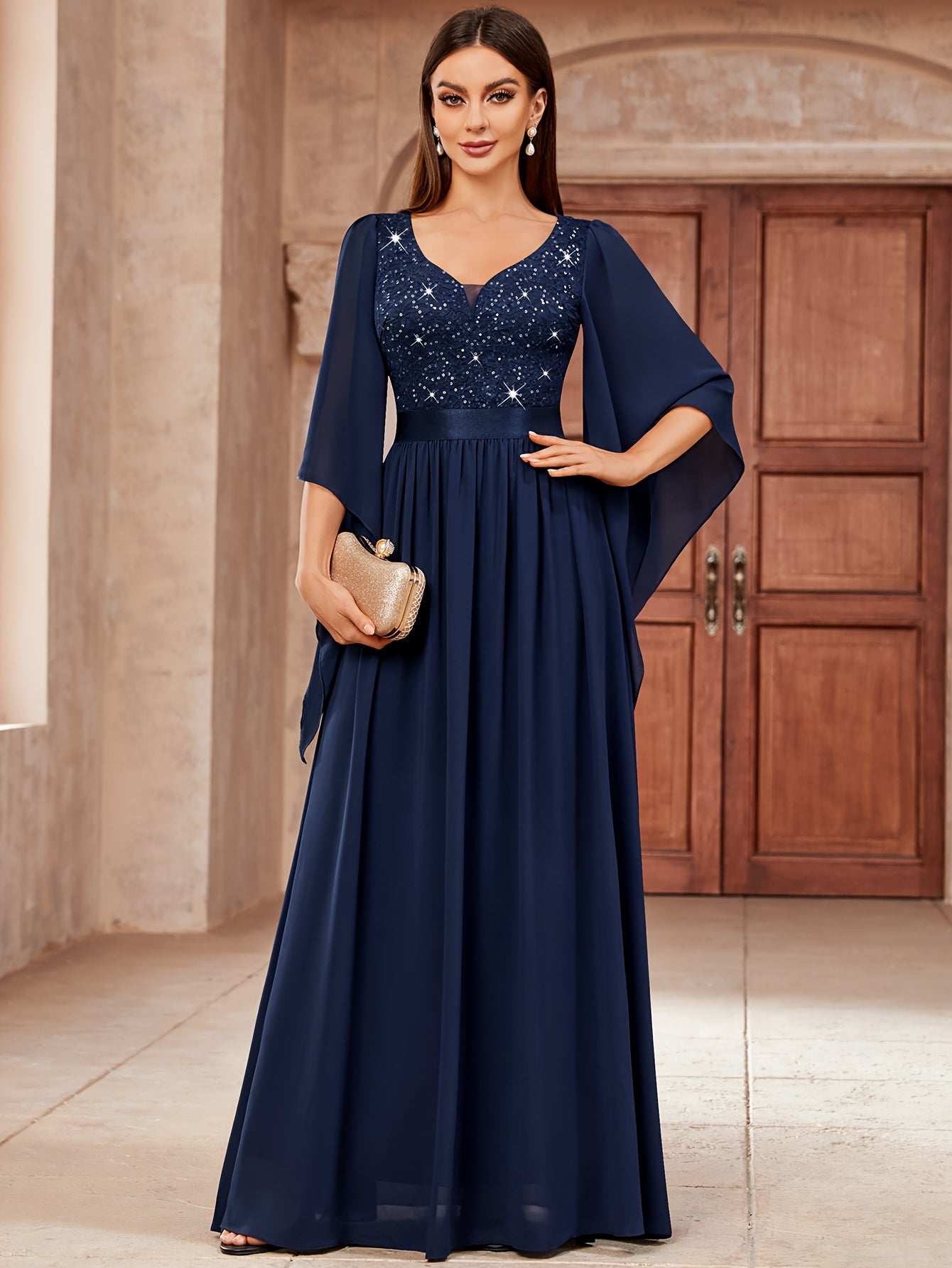 53303 Elegant Women's Lace & Sequin Bridesmaid Dress - A-Line Maxi Wedding Gown with 3/4 Bell Sleeves, V-Neck Color-Block (Bodice &), Machine Washable Bridesmaids Gown for Weddings, Parties, Prom