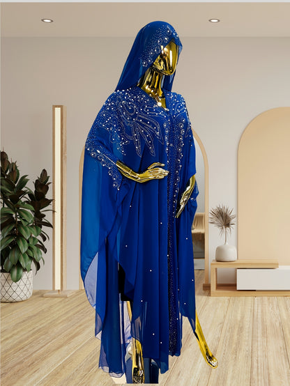 A Batwing Sleeve Shawl Wrap Adorned with Royal Blue Rhinestones, Inspired by Middle Eastern Styles. This Plus-Size Semi-Sheer Tunic Features a Loose Fit, Beaded Accents, And a Slit Hem, Perfect for Summer Weddings, Parties, And Cultural Gatherings