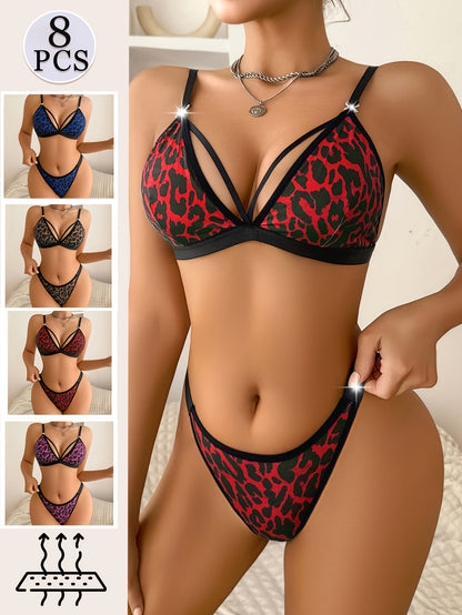 8pcs Women's Full Bra & Low-Rise Briefs Matching Set - Sexy Leopard Print Lingerie, Push-Up Bras with Non-Detachable Pads & High- Low-Rise Underwear for Casual Attire, Dates, Workouts - Full Coverage Underwear (8pcs