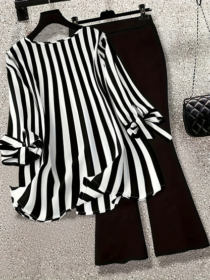 Black & White Striped Top + Flare Pants Set: V - Neck, Tie - Sleeves. Chic Office/Street Style. Trendy & Coordinated