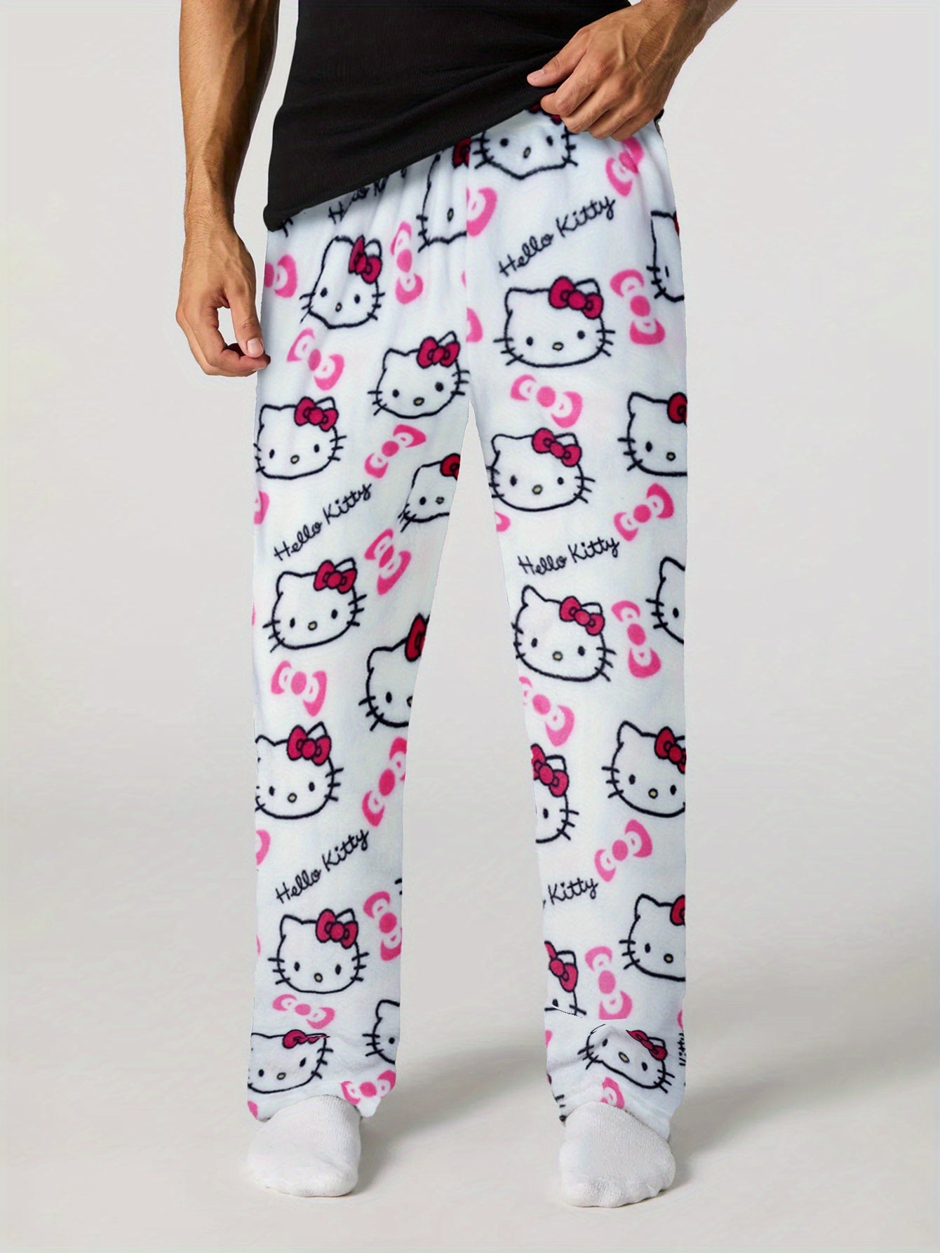 Sanrio Hello Kitty Men's Anime Pajamas - Hello Kitty Face & Iconic Print Flannel Sleepwear, Cozy Winter Lounge Pants, Machine Washable Cartoon Sleepwear for & Men (-)