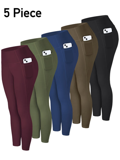 5pcs Women' High Waisted Cropped Leggings with Pockets - Full-Length Suitable for & Casual Attire, Non-Sheer Tummy Pants, Machine Washable Stretchy Base Layer for,, Layering (Year-Round)