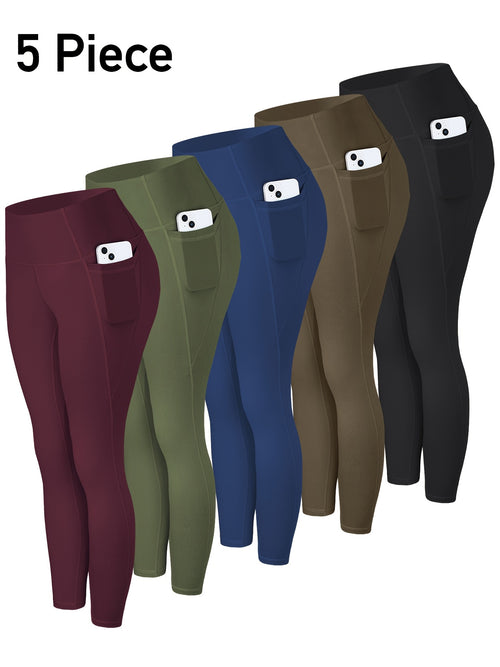 5pcs Women' High Waisted Cropped Leggings with Pockets - Full-Length Suitable for & Casual Attire, Non-Sheer Tummy Pants, Machine Washable Stretchy Base Layer for,, Layering (Year-Round)