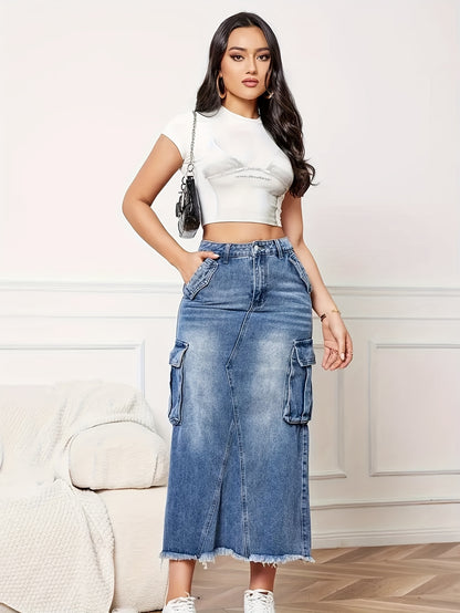 Women's Mid-Rise Stretch Denim Skirt with Baggy Hem & Frayed Edge Detail - Casual Workwear Style Mid-Length Skirt for Spring Summer Fall, Machine Washable, Jean Skirt