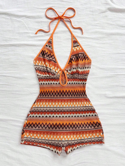 Women's Exotic Cool Orange Ethnic Geometric Print Halter Romper | Full Retro Print with Slim Fit, Eye-catching for Island Vacations and Music Festivals