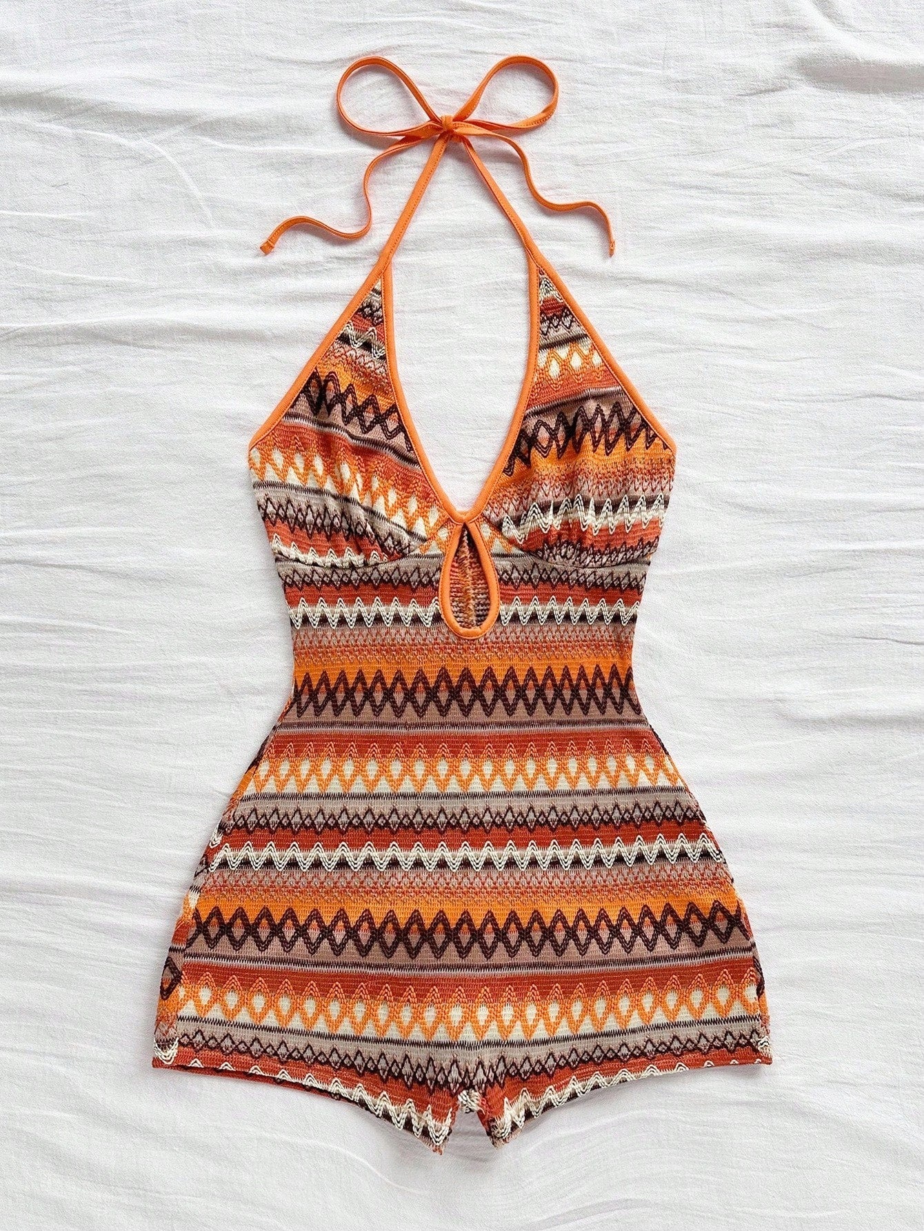 Women's Exotic Cool Orange Ethnic Geometric Print Halter Romper | Full Retro Print with Slim Fit, Eye-catching for Island Vacations and Music Festivals