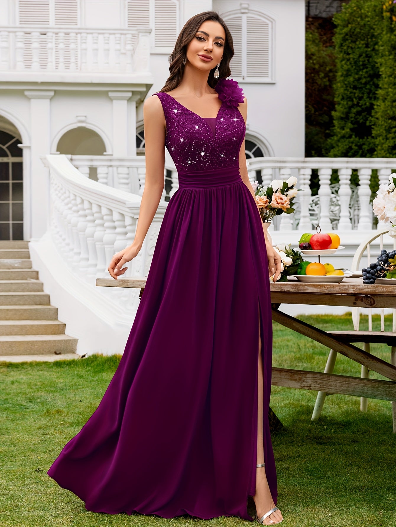 24451A Elegant Womens Mesh Deep V Neck Sequin Lace Maxi Dress, Sleeveless Applique Shoulder, Back V Neck, Ruched A Line Waist, High Thigh Slit Hem, Perfect For Formal Wedding Guest, Prom, Bridesmaid Party, Graduation Season, Wedding Season