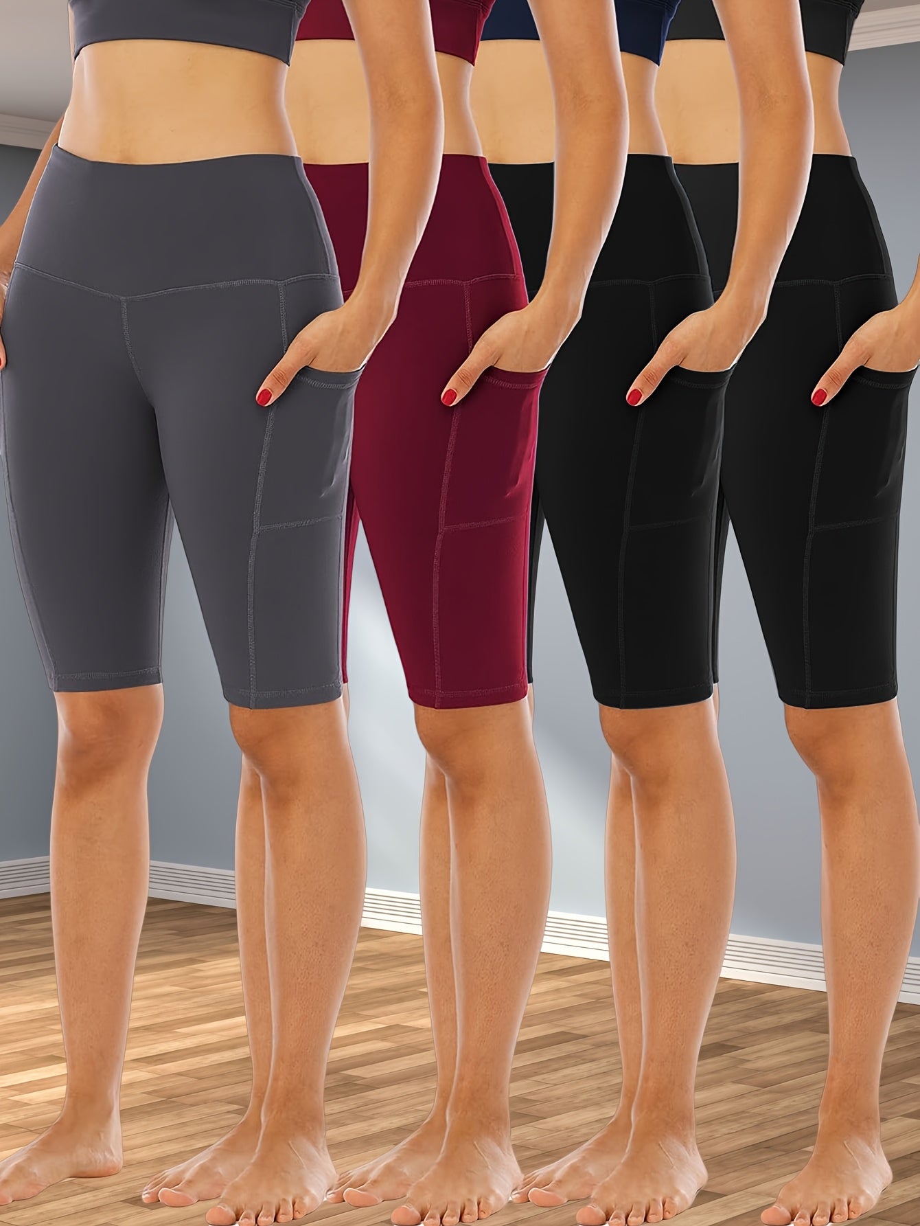 4pcs Women's High-Waisted Yoga Shorts with Pockets, Stretchy Fitness Running Cycling Workout Shorts with Tummy Control