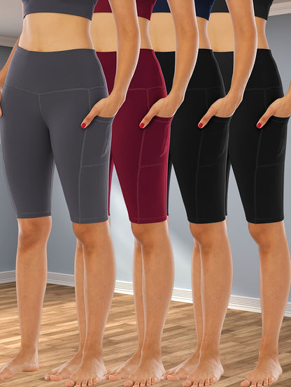 4pcs Women's High-Waisted Yoga Shorts with Pockets, Stretchy Fitness Running Cycling Workout Shorts with Tummy Control