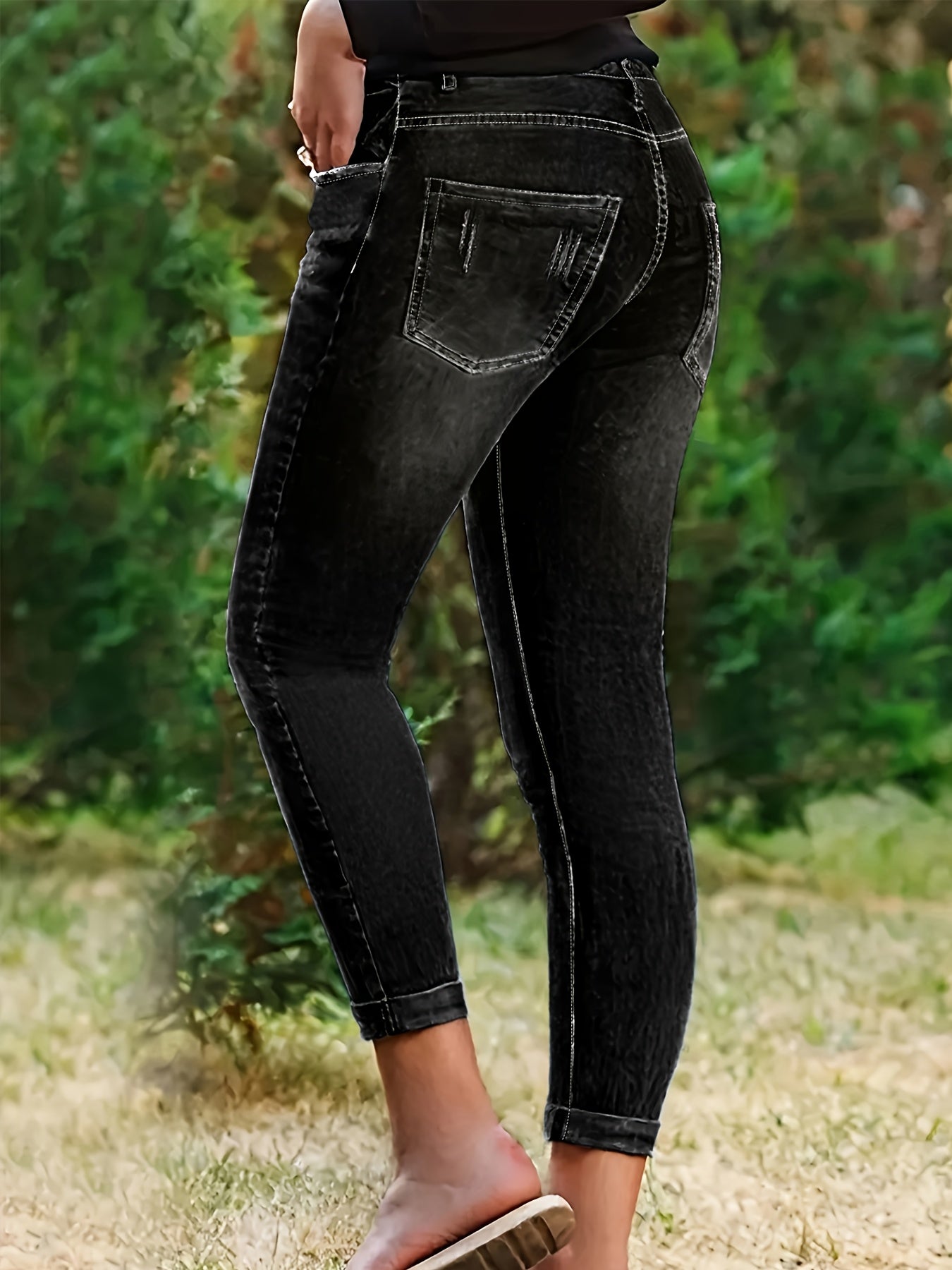 Plus Size Women's High Waist High Elastic Blue Distressed Denim Skinny Pants - Front Row Buttons, Rolled Hem, Retro Casual Oversized Comfort Trousers