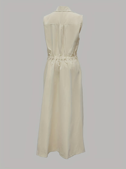 Sleeveless Solid Color Lapel Long Dresses Midi Dresses