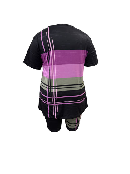 [Casual Printing Suit] Plus Size - Ladies Striped Short-Sleeved Shorts Fashion Casual Printing Suit, Pockets, Bullets, Suitable For Everyday Wear