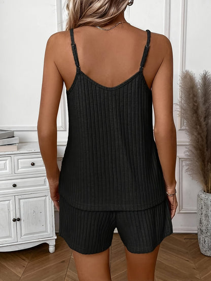 Women's Versatile Ribbed Solid Color Vest Top with Casual Shorts 2pcs Set