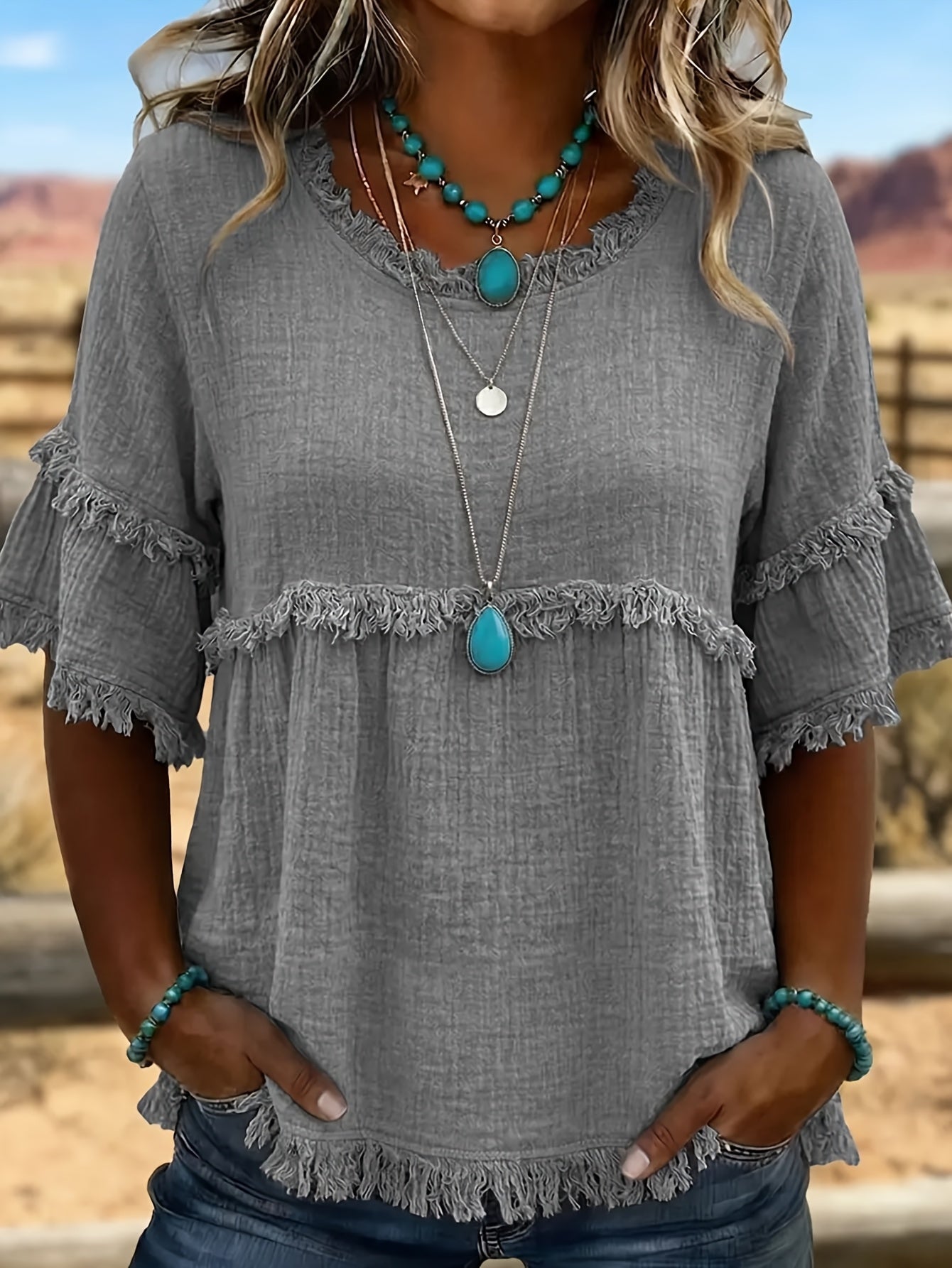 Women'S Round Neck Short Sleeve Casual Blouse with Fringed Trim
