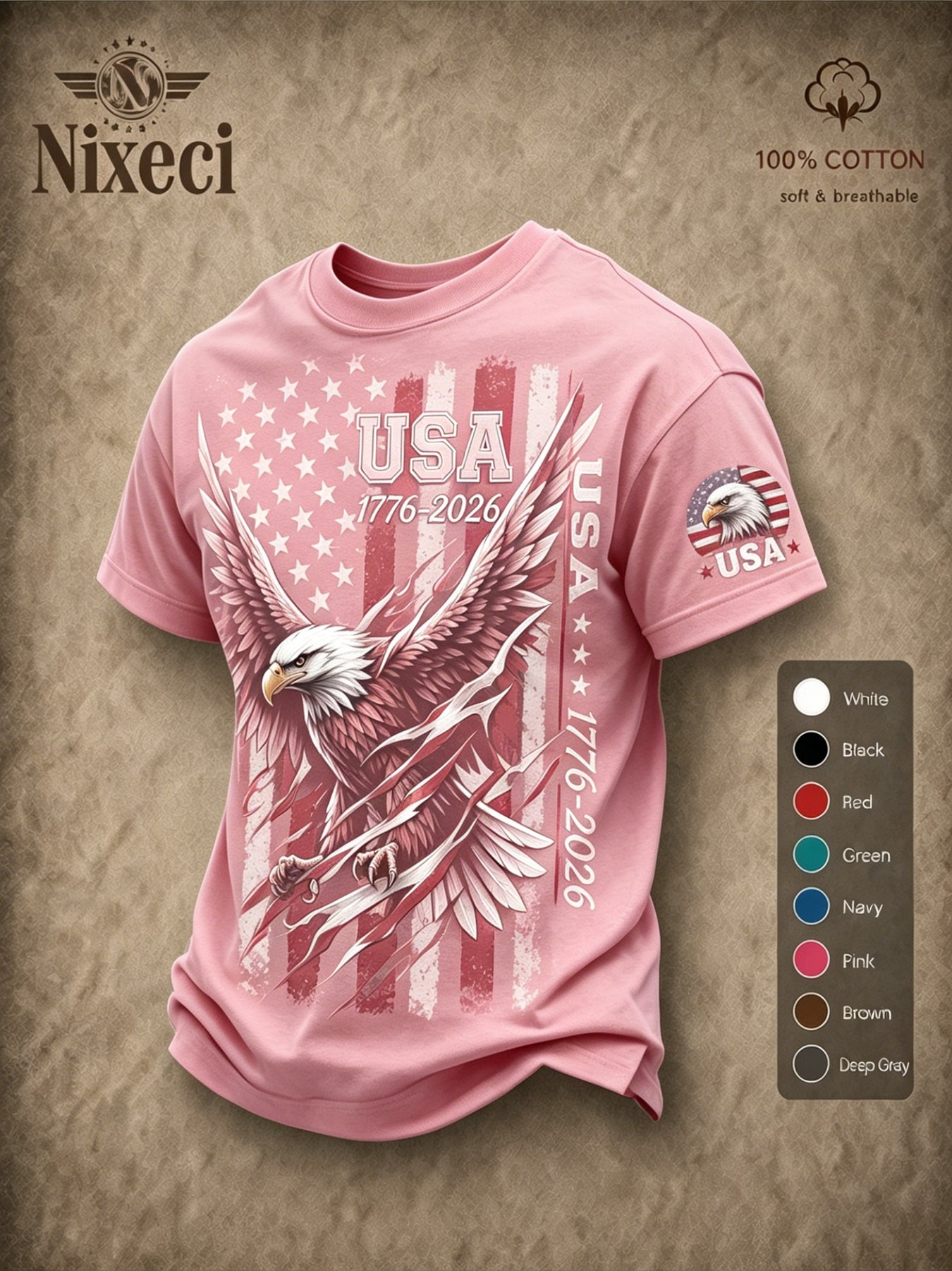 Nixeci 180G Pure T-Shirt Men'S Summer Loose Fit Crewneck Short Sleeve Vintage Patriotic American Flag Bald Eagle Graphic Print Independence Day Daily Casual Outdoor Tee