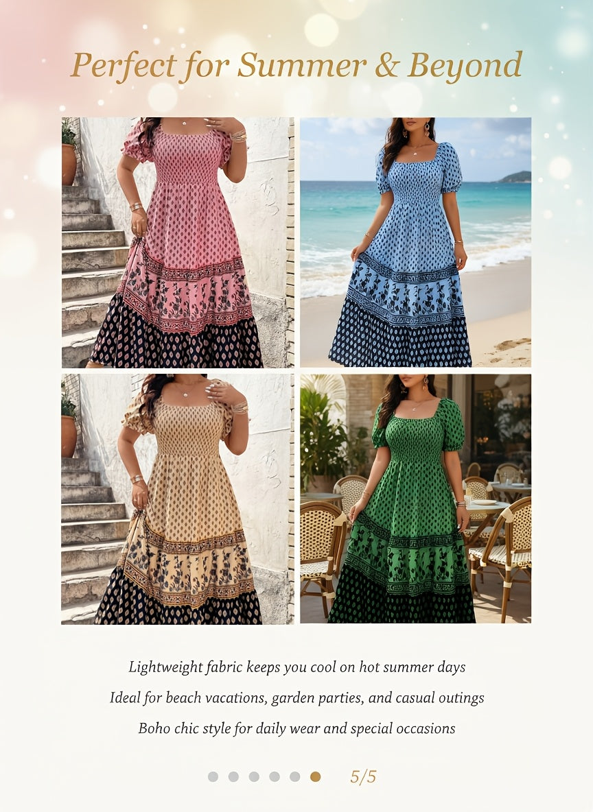 Plus Size - 1pc Spring Summer Mother'S Day Plus Size Women Elegant Bohemian Maxi Dress - Square Neck Puff Sleeve Smocked Bodice Floral Geometric Print Tiered Long Skirt Sophisticated Graceful Style For Vacation Beach Party Wear
