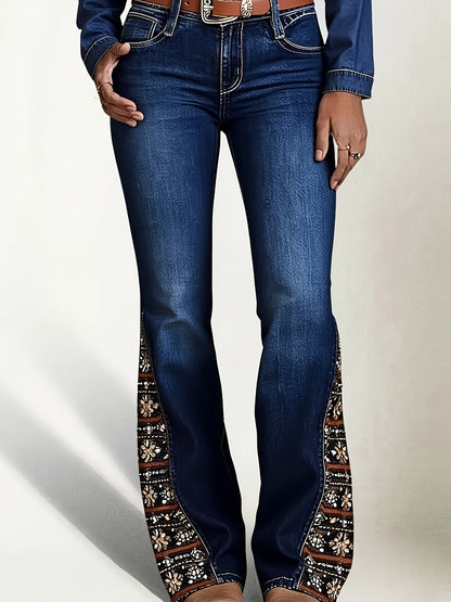 Ladies' Flared Jeans with Vibrant Paisley Design - Retro-Style, Chic Commuter Bell Bottom Denim Trousers, Washable in Machine, No Belt Required