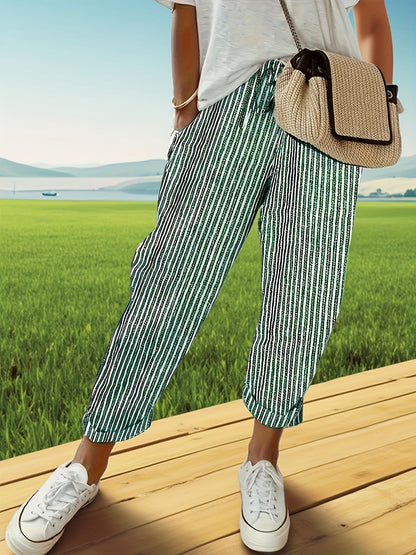 Women's High-Waisted Casual Wide Leg Pants - Lightweight Polyester, Machine Washable, All-Season Comfort with Side Stripe Detailing, 3/4 Length Relaxed Fit for Casual Attire, Comfy Pants, Versatile Wardrobe Staple, Stylish Stripe Detailing, Durable Constr