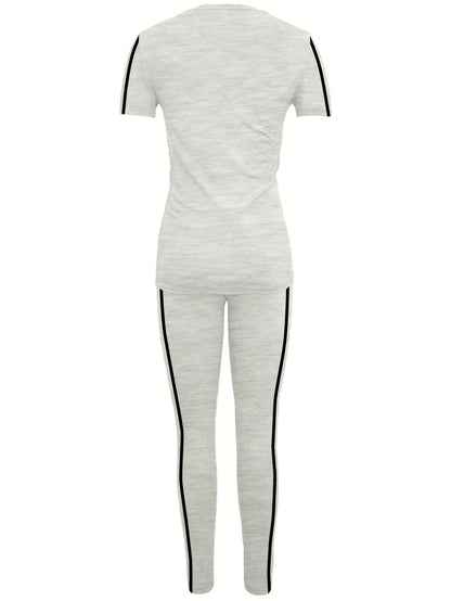 Women's Two-piece Casual swear Striped Edge Short Sleeved Round Neck Pullover, Slim Fit Striped Edge Pants Set, s Suit