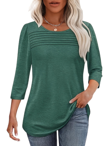 Women'S Three-Piece Set: Elegant 3/4 Sleeve Pleated Front T-Shirt, Casual Spring/Summer Top, Solid Color, All-Season Wear, Casual Attire|Pleated Front Top| Construction, Ladies T Shirts