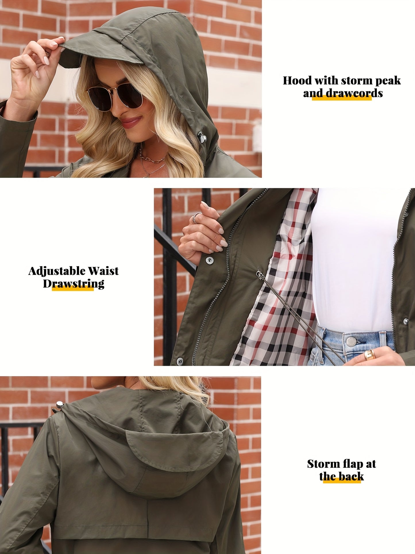 Women'S Lightweight Raincoat - Breathable Windbreaker Jacket With Adjustable Hood, Stylish Trench Coat For Outdoor & Work, Machine Washable, X-Shape Design