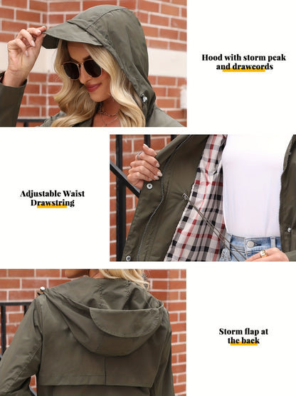 Women'S Lightweight Raincoat - Breathable Windbreaker Jacket With Adjustable Hood, Stylish Trench Coat For Outdoor & Work, Machine Washable, X-Shape Design