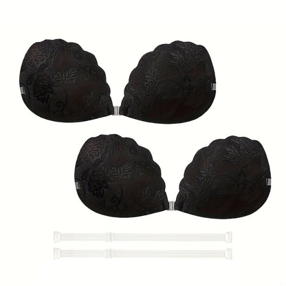 1 Pair SAHOBBIEHOP Lace Adhesive Push Up Bra Inserts - Polyester 80%, Silicone 20%, Breathable, Strong Adhesion, Front Button Design, Non-Transparent, Wireless Support, Ideal for Wedding Dresses and Strapless Gowns