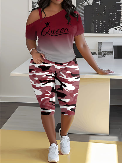Plus Size - Ladies Fashion Daily Casual Suit, Diagonal Shoulder Camisole Gradient Letter Print Top + Camouflage Capri Pants Design.
