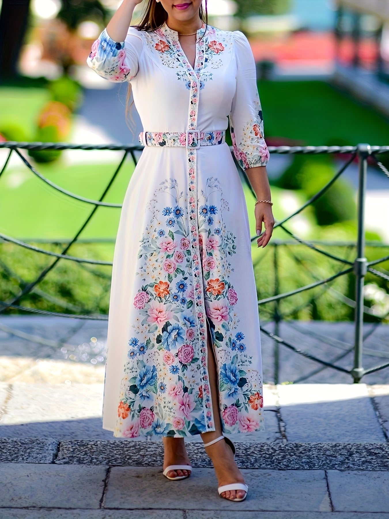 Casual A-Line Maxi Dress with Floral Print, V-Neck, Three-Quarter Sleeves, And Tied Detail
